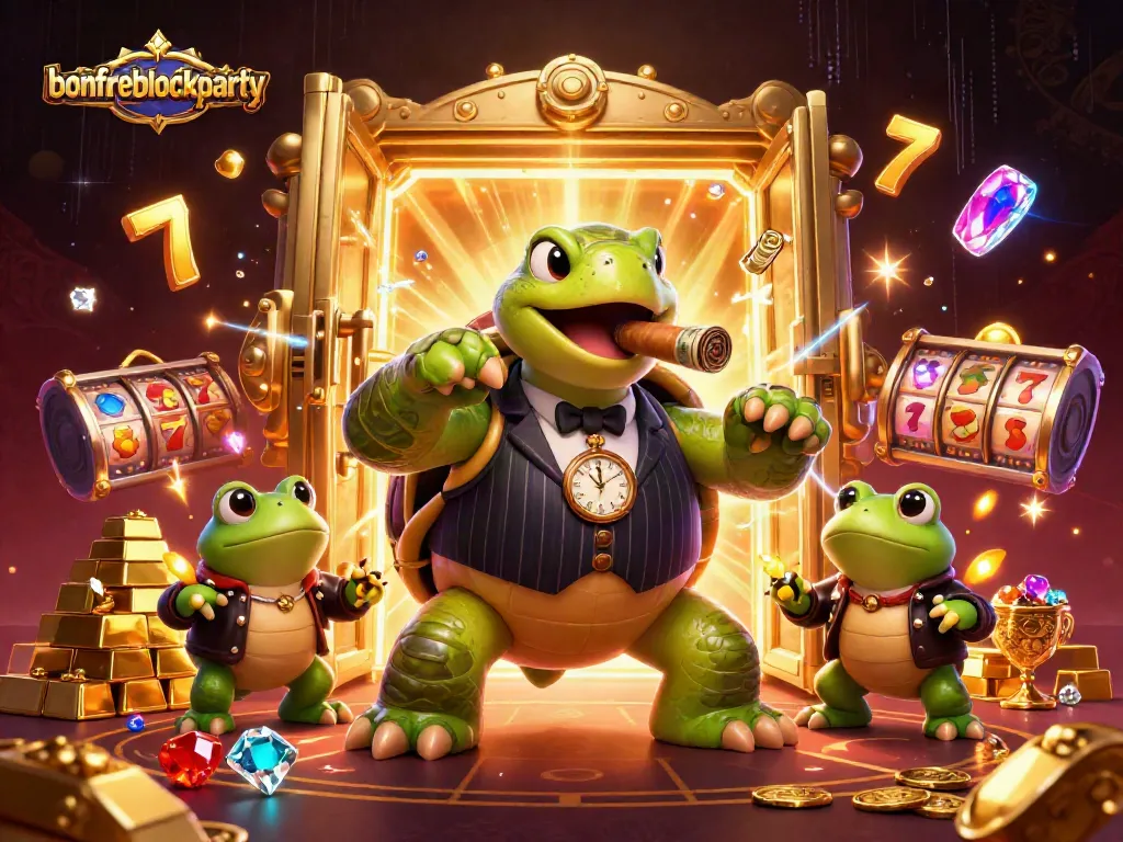 Join the bonfireblockparty with a vibrant casino-themed 3D illustration featuring characters among riches.