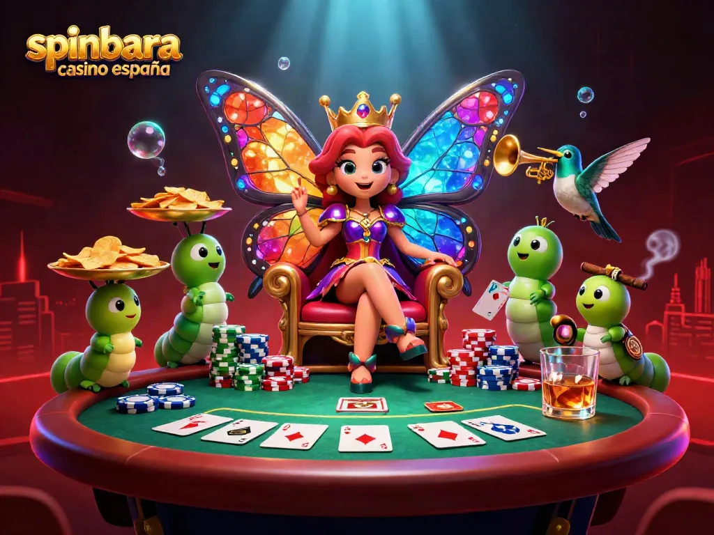 Spinbara casino España invites players with a vibrant 3D illustration of games, chips, and excitement.
