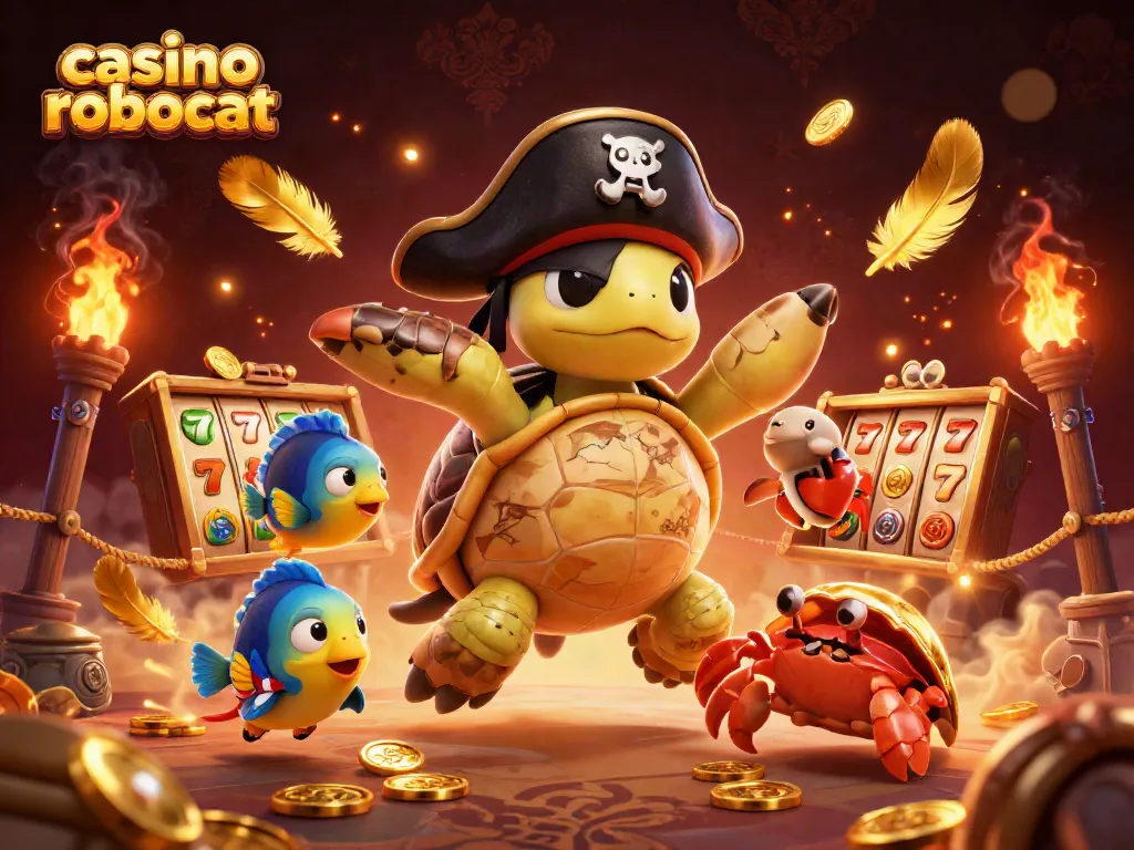 Engage with the thrilling casino robocat experience featuring a pirate turtle and vibrant game elements.